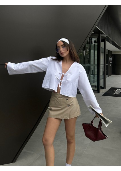 Kadın Beyaz Poplin Önden Bağlamalı Bluz 29085 fiyatları