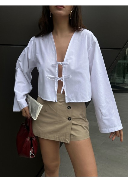 Kadın Beyaz Poplin Önden Bağlamalı Bluz 29085 modelleri