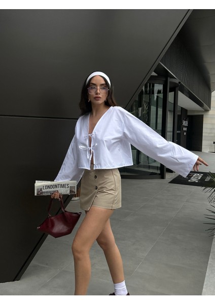 Kadın Beyaz Poplin Önden Bağlamalı Bluz 29085 indirimleri