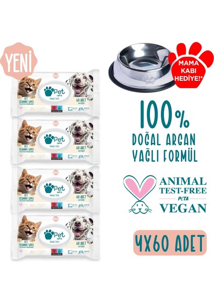 Kediler ve Köpekler İçin Temizleme Mendili 4X60 Adet 100% Doğal Argan Yağlı