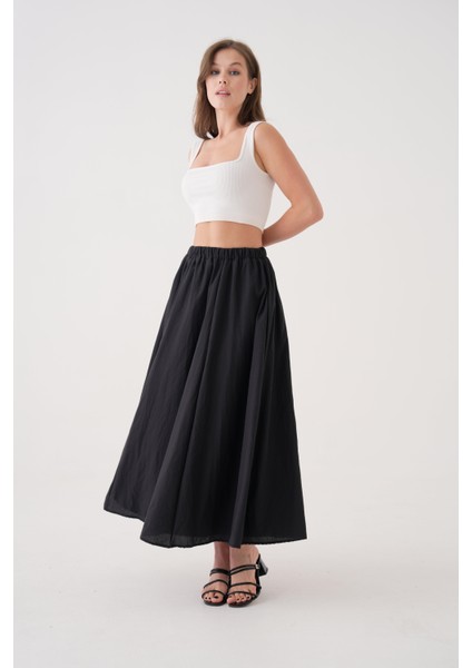 Kadın Siyah Vual Kumaş Kırışık Uzun Astarlı Etek 29062