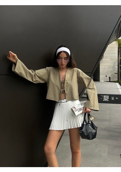 Kadın Haki Poplin Uzun Kol V Yaka Önden Bağlamalı Bluz Şık Tasarım