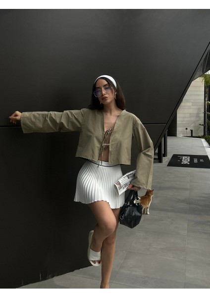 Kadın Haki Poplin Uzun Kol V Yaka Önden Bağlamalı Bluz Şık Tasarım indirimleri