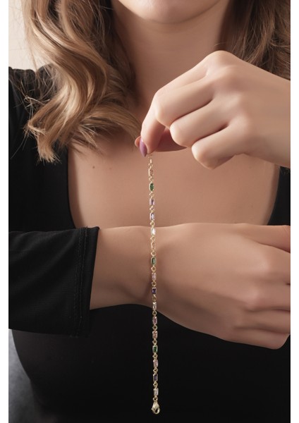 925 Ayar Gümüş Gold Kaplamalı Mix Zirkon Taşlı Zincir Bileklik