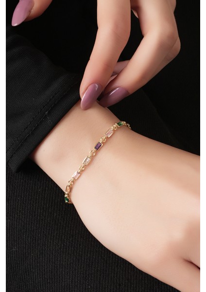 925 Ayar Gümüş Gold Kaplamalı Mix Zirkon Taşlı Zincir Bileklik fiyatları