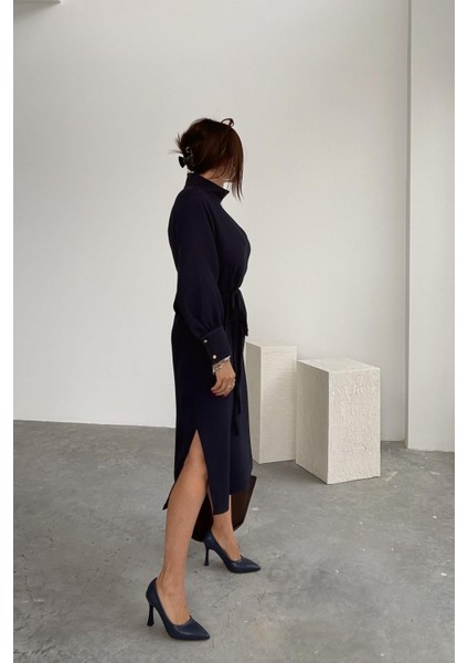 Lacivert Dik Yaka Kumaş Elbise fiyatları