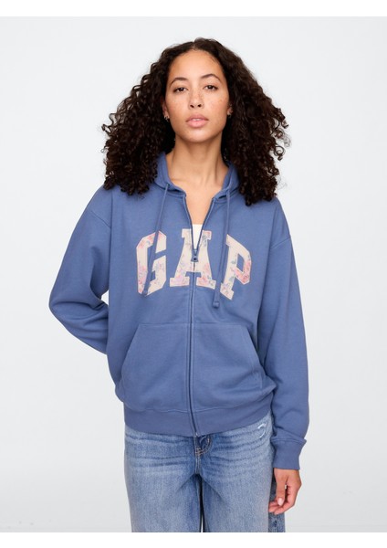 Kadın Koyu Mavi Gap Logo Relaxed Fermuarlı Sweatshirt
