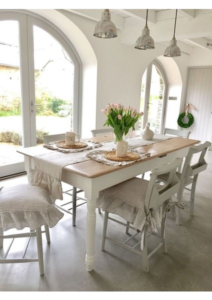 Gri Çizgili Buldan Yıkanmıs Keten 4 Tarafı Fırfırlı Sandalye Minderi