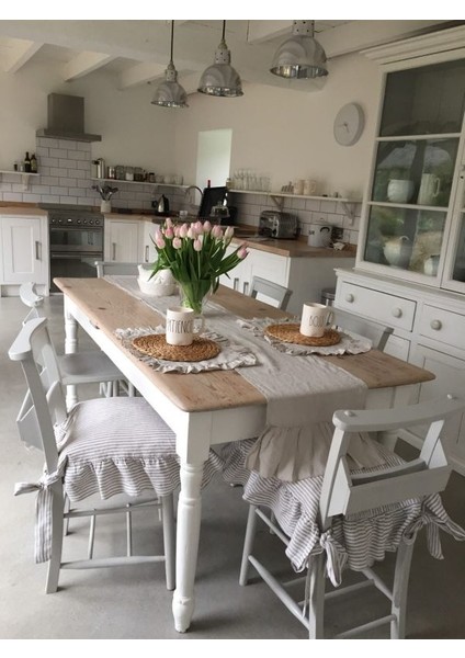 Gri Çizgili Buldan Yıkanmıs Keten 4 Tarafı Fırfırlı Sandalye Minderi fiyatları