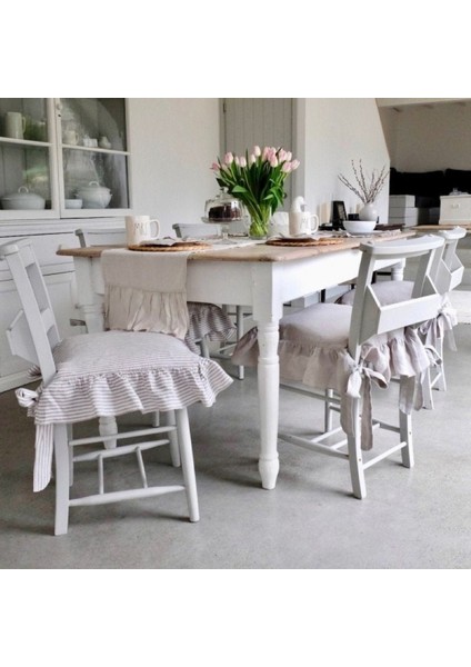 Gri Çizgili Buldan Yıkanmıs Keten 4 Tarafı Fırfırlı Sandalye Minderi modelleri