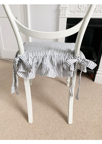 Gri Çizgili Buldan Yıkanmıs Keten 4 Tarafı Fırfırlı Sandalye Minderi fırsatları