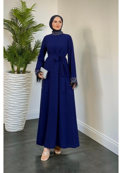Mimoza Kolları Taşlı Krep Abiye Lacivert