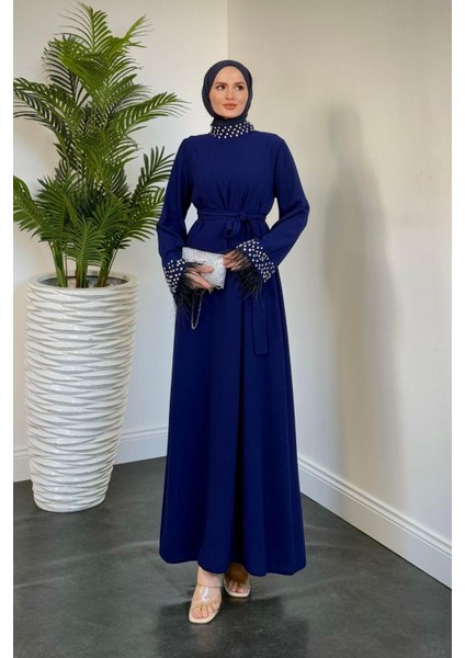 Mimoza Kolları Taşlı Krep Abiye Lacivert