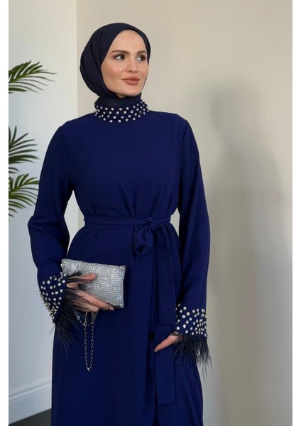 Mimoza Kolları Taşlı Krep Abiye Lacivert