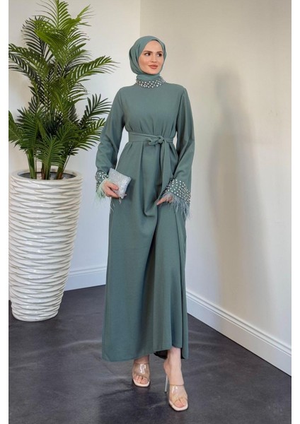 Mimoza Kolları Taşlı Krep Abiye Mint