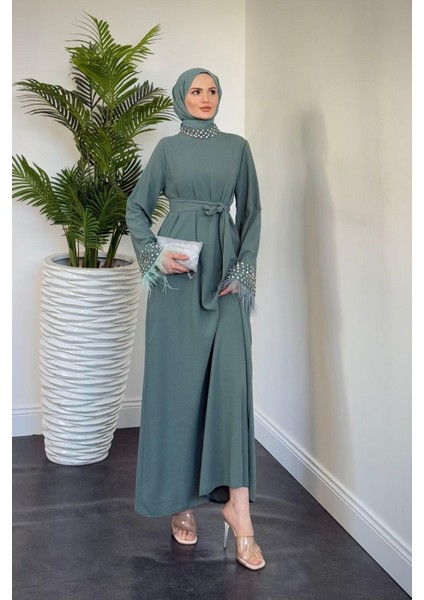 Mimoza Kolları Taşlı Krep Abiye Mint fiyatları