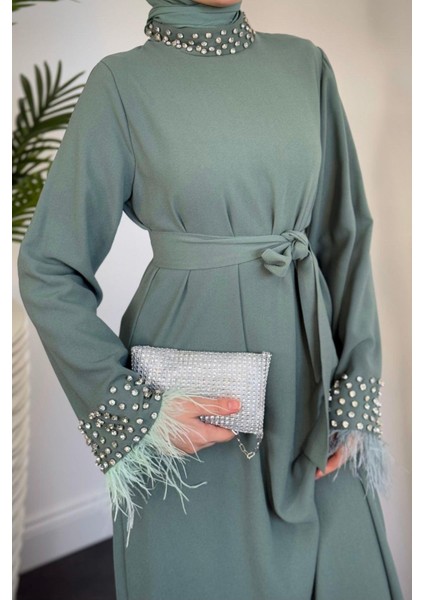 Mimoza Kolları Taşlı Krep Abiye Mint modelleri