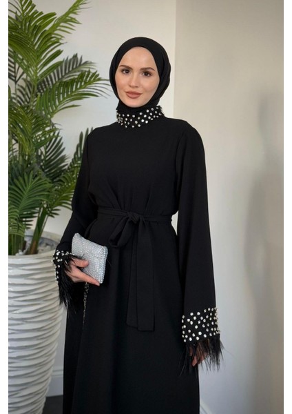 Mimoza Kolları Taşlı Krep Abiye Siyah