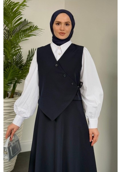 Albrey Düğmeli Cepken Etek Takım Lacivert