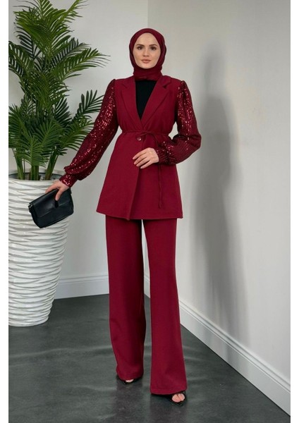 Marbella Kolları Payet Blazer Ceket Pantolon Takım Bordo
