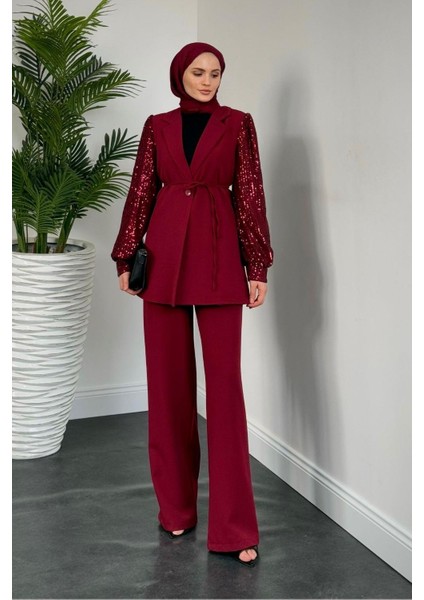 Marbella Kolları Payet Blazer Ceket Pantolon Takım Bordo fiyatları