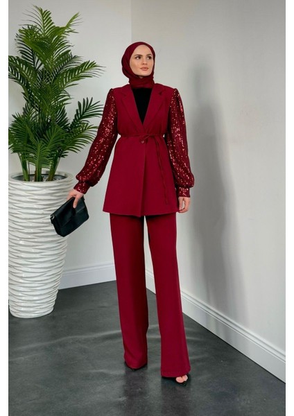 Marbella Kolları Payet Blazer Ceket Pantolon Takım Bordo modelleri