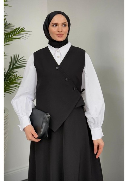 Albrey Düğmeli Cepken Etek Takım Siyah