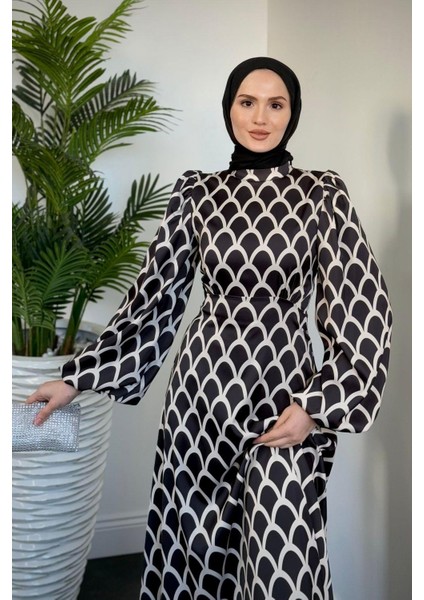 Anemon Saten Desenli Abiye Siyah modelleri