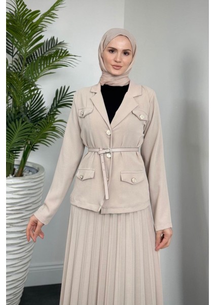 Elina Blazer Pliseli Etek Takım Krem
