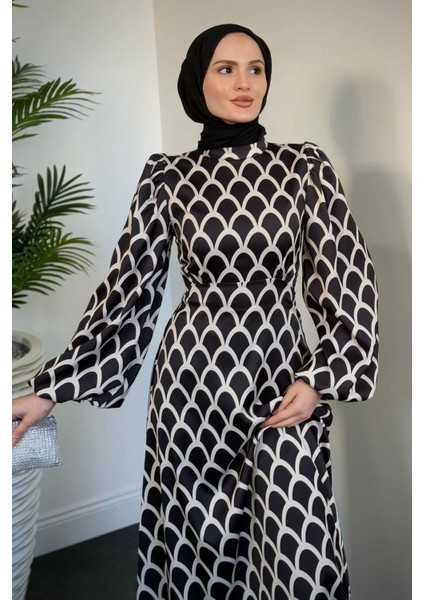 Anemon Saten Desenli Abiye Siyah fırsatları
