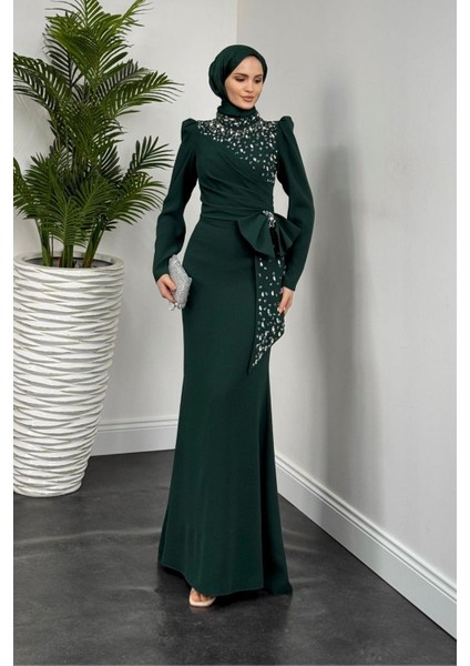 Lalissa Yandan Fiyonklu Taşlı Krep Abiye Zümrüt fiyatları