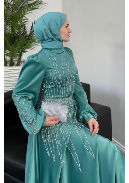 Şahsanem Önü Taşlı Saten Abiye Turkuaz