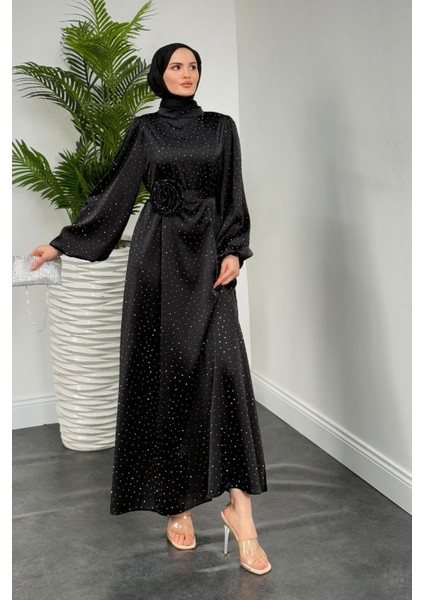 Margherita Taşlı Balon Kol Abiye Siyah