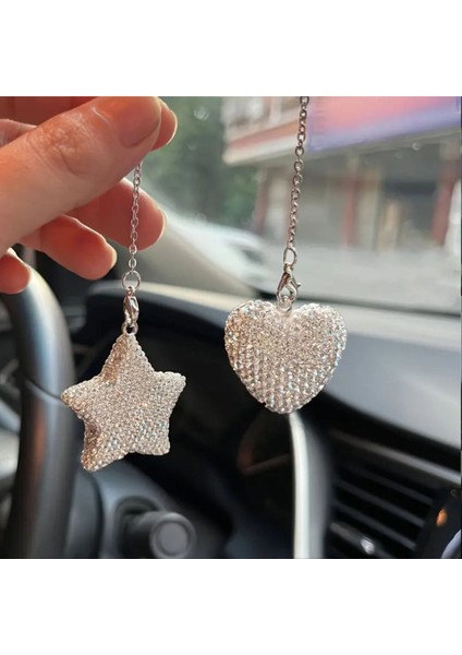 Lüks Mini Taşlı Parıltılı Kalp Yıldız Dikiz Aynası Süsü Araç Aksesuar Süslemeleri