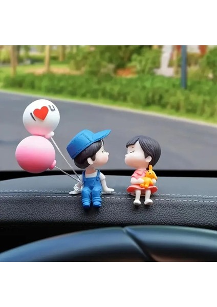 Balon Tutan Sevimli Oturan Çift Araba Içi Biblo Aksesuar Torpido Süsü