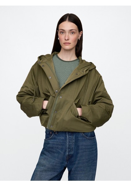 Kadın Haki Kapüşonlu Crop Ceket