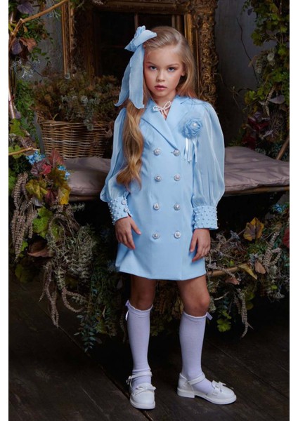 Kız Çocuk Bilekleri Inci Boncuk Işlemeli Kolları Şeffaf Kumaş Taş Düğme Detaylı Mavi Elbise