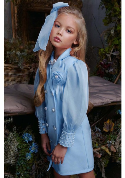 Kız Çocuk Bilekleri Inci Boncuk Işlemeli Kolları Şeffaf Kumaş Taş Düğme Detaylı Mavi Elbise fiyatları
