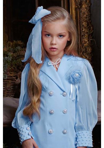 Kız Çocuk Bilekleri Inci Boncuk Işlemeli Kolları Şeffaf Kumaş Taş Düğme Detaylı Mavi Elbise modelleri