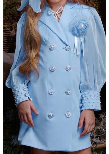 Kız Çocuk Bilekleri Inci Boncuk Işlemeli Kolları Şeffaf Kumaş Taş Düğme Detaylı Mavi Elbise fırsatları