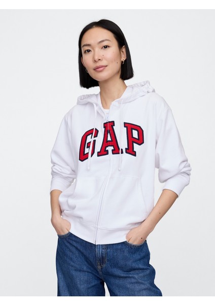 Kadın Beyaz Gap Logo Relaxed Fermuarlı Sweatshirt