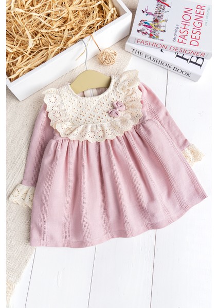 Fistolu Kare Yaka %100 Pamuk Pembe Kız Bebek Elbise Özel Gün Doğum Günü