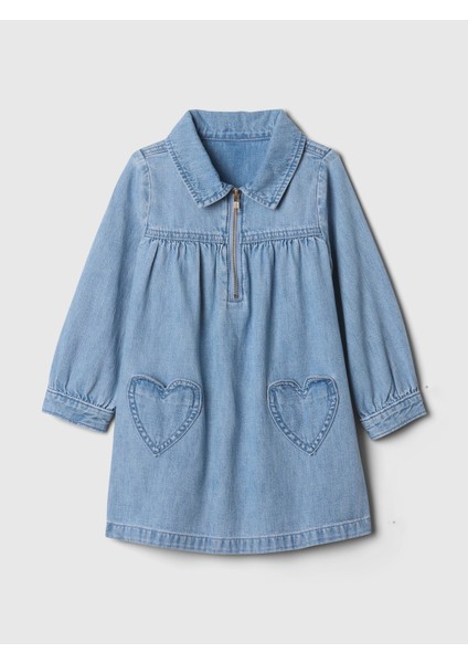 Kız Bebek Mavi Kalp Işlemeli Denim Elbise