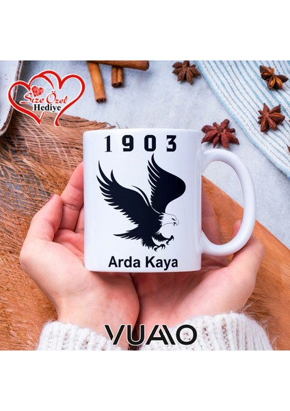Kişiye Özel Isimli Kartal Temalı Kupa Bardak - 1903 ve Kartal Baskılı Kupa Bardağı - Siyah Beyaz