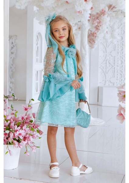 Kız Çocuk Boydan Üzeri Dantel Işlemeli Fiyonk Detaylı Ispanyol Kollu Su Yeşili Elbise