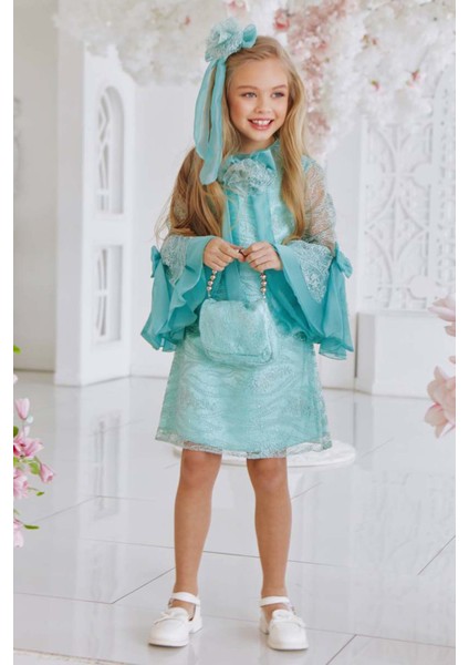Kız Çocuk Boydan Üzeri Dantel Işlemeli Fiyonk Detaylı Ispanyol Kollu Su Yeşili Elbise fiyatları