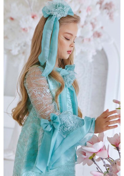 Kız Çocuk Boydan Üzeri Dantel Işlemeli Fiyonk Detaylı Ispanyol Kollu Su Yeşili Elbise fırsatları