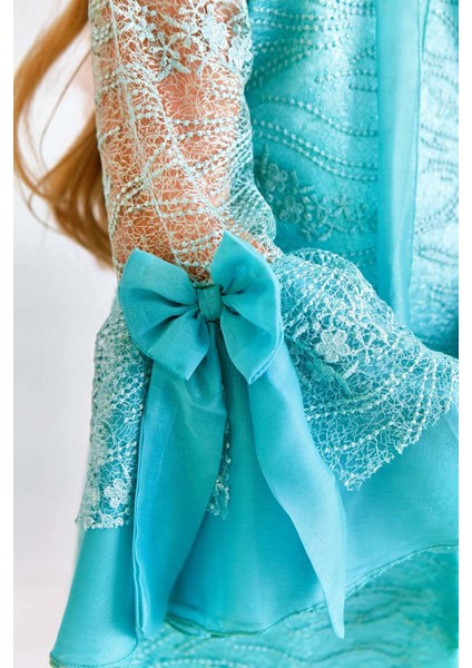 Kız Çocuk Boydan Üzeri Dantel Işlemeli Fiyonk Detaylı Ispanyol Kollu Su Yeşili Elbise indirimleri