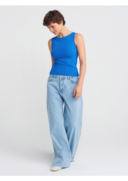 71787 Paçası Dikişsiz Geniş Denim Pantolon-Gri