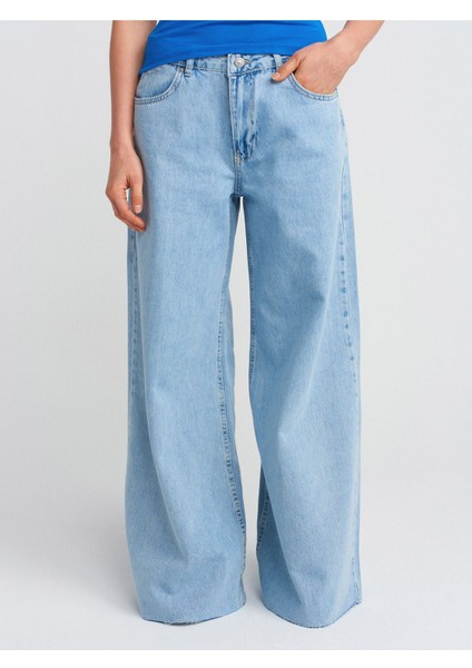 71787 Paçası Dikişsiz Geniş Denim Pantolon-Gri fırsatları
